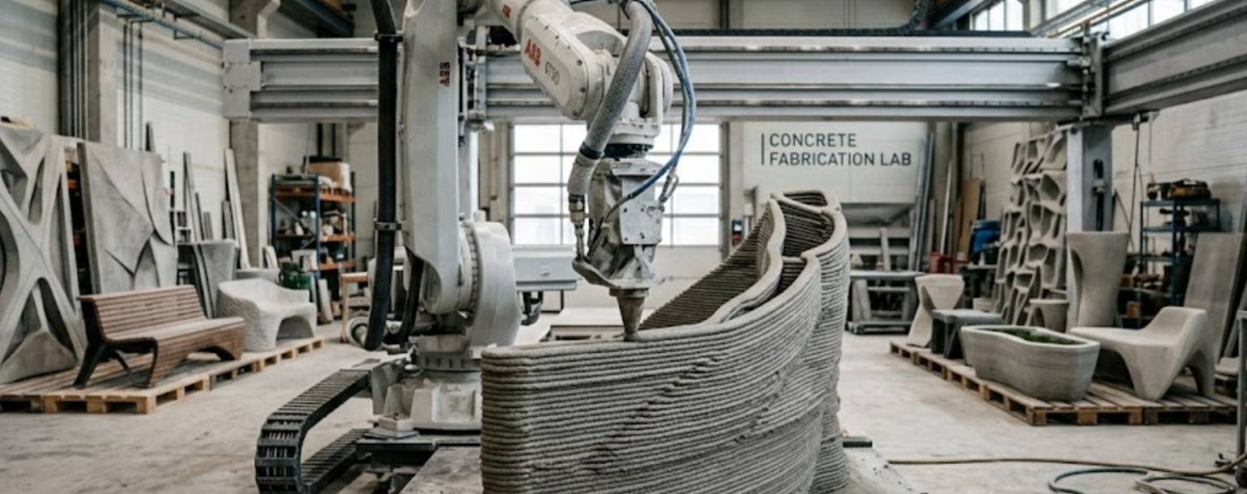 Vertico 3D printing robot creating textured concrete object on workstation